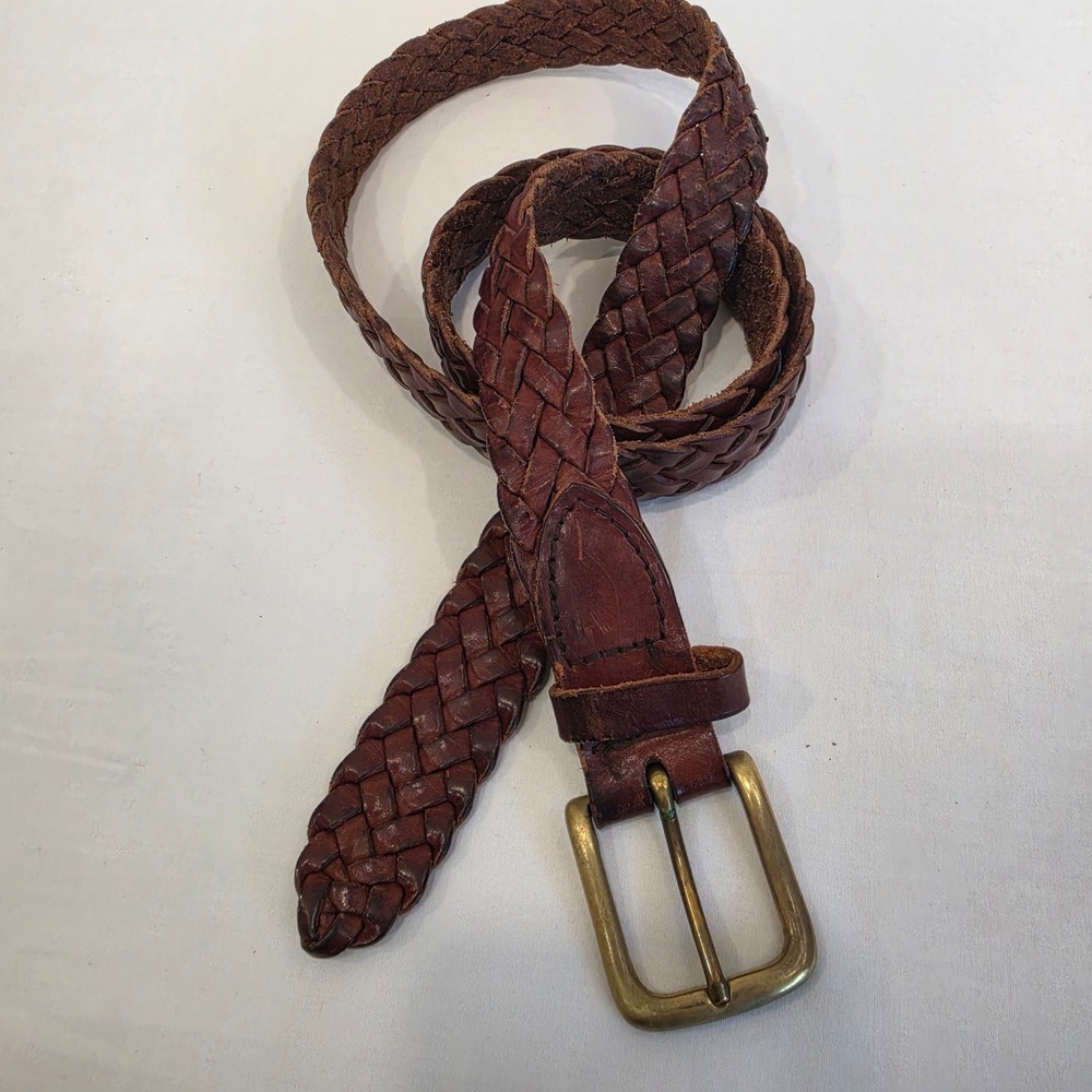 Made in England Braided Leather Belt Solid Brass Buckle Size 44 Brown Mens